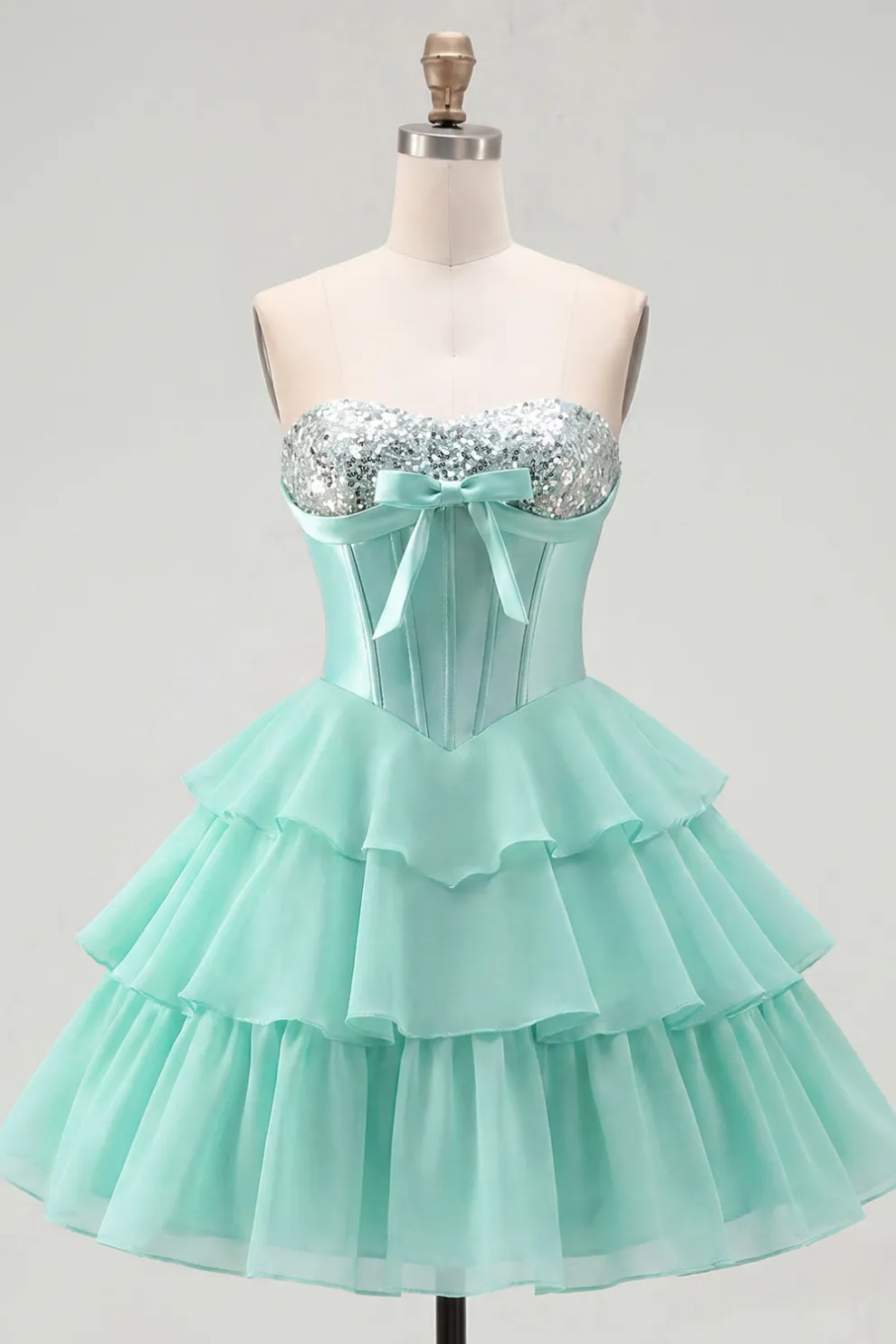 Mint A Line Corset Sparkly Sequined Short Homecoming Dress with Ruffles
