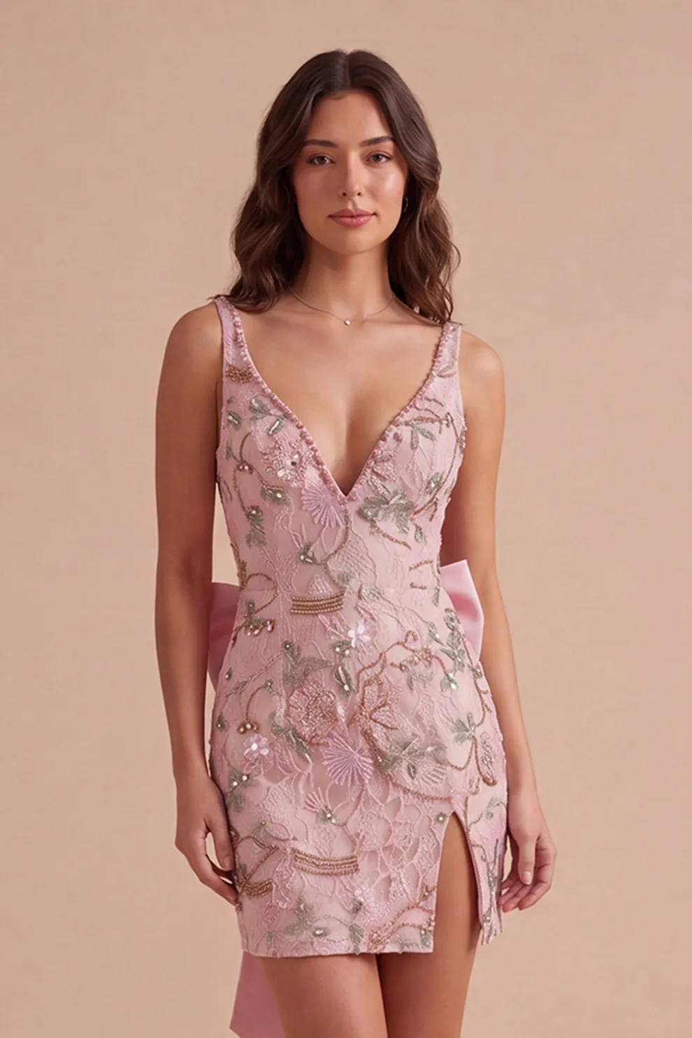 Pink Sparkly Floral Sequin Beaded Bodycon V-Neck Short Homecoming Dress with Slit