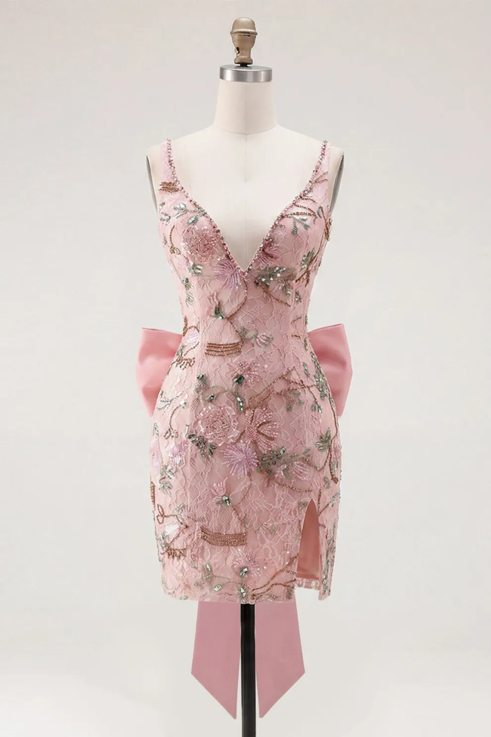 Pink Sparkly Floral Sequin Beaded Bodycon V-Neck Short Homecoming Dress with Slit