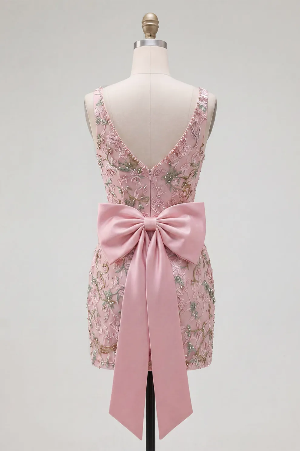 Pink Sparkly Floral Sequin Beaded Bodycon V-Neck Short Homecoming Dress with Slit