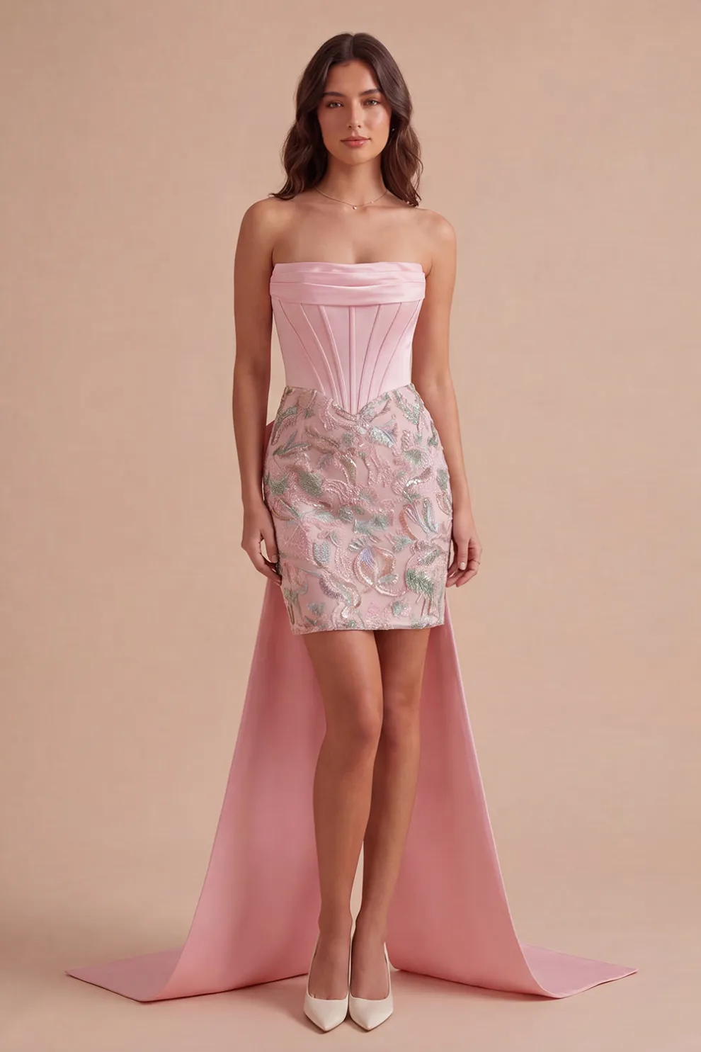 Sparkly Pink Corset Bodycon Strapless Short Homecoming Dress with Bow