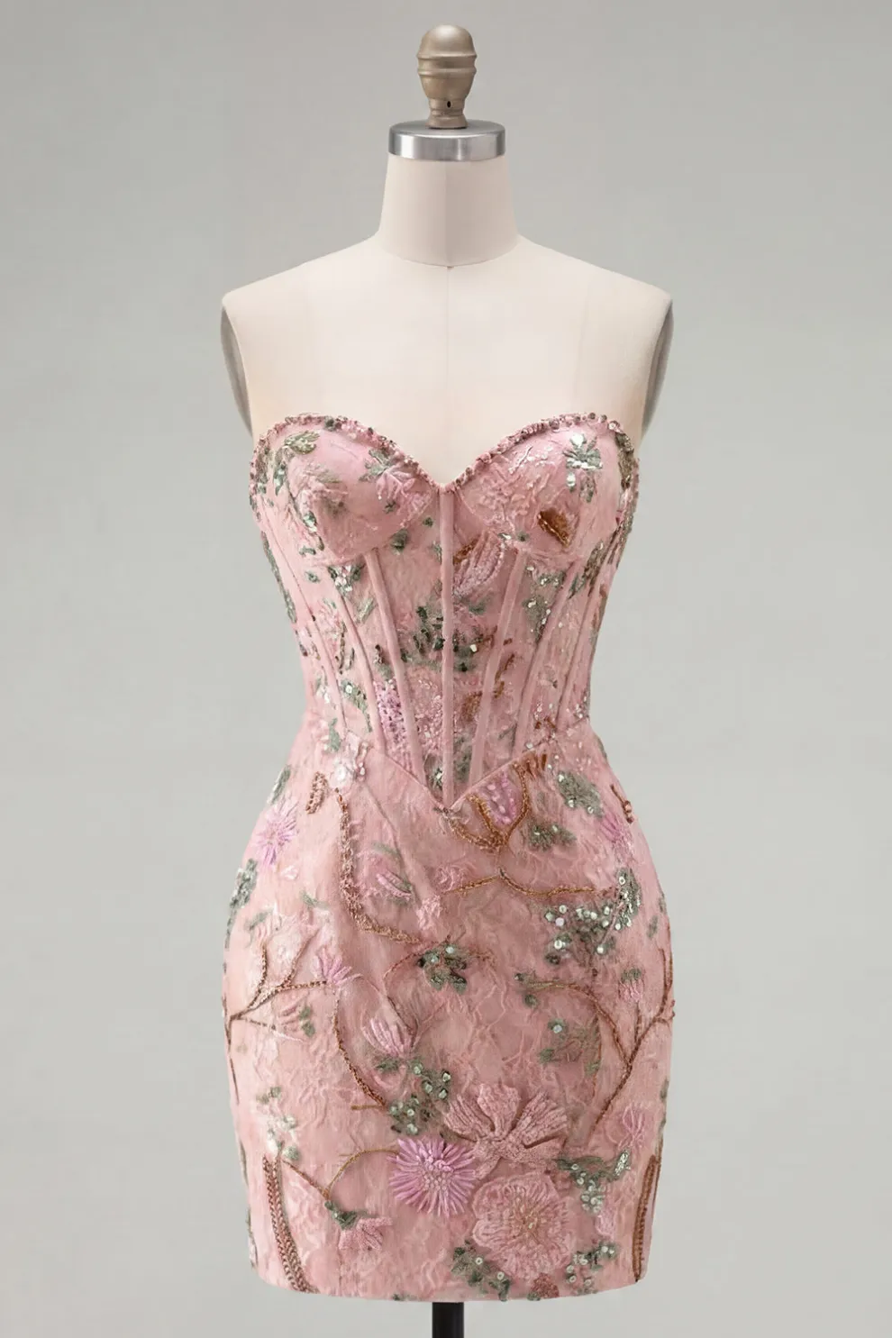 Bodycon Sparkly Sequined Pink Floral Short Homecoming Dress