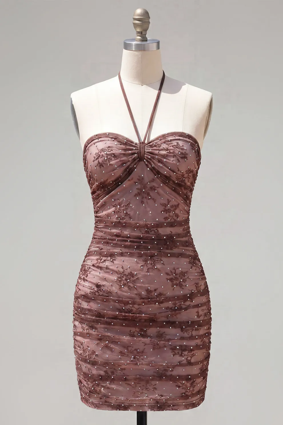 Sparkly Chocolate Bodycon Floral Halter Neck Short Homecoming Dress with Beading