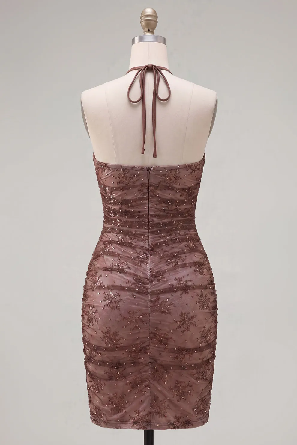 Sparkly Chocolate Bodycon Floral Halter Neck Short Homecoming Dress with Beading