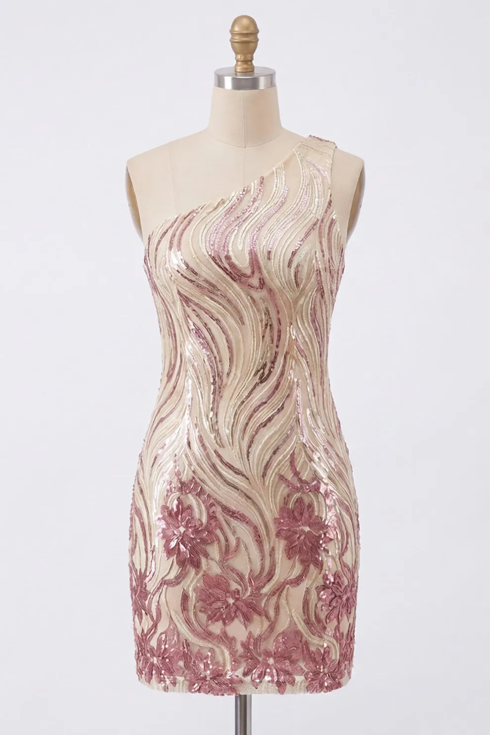 Sparkly Gold and Pink Bodycon Sequin One Shoulder Short Homecoming Dress