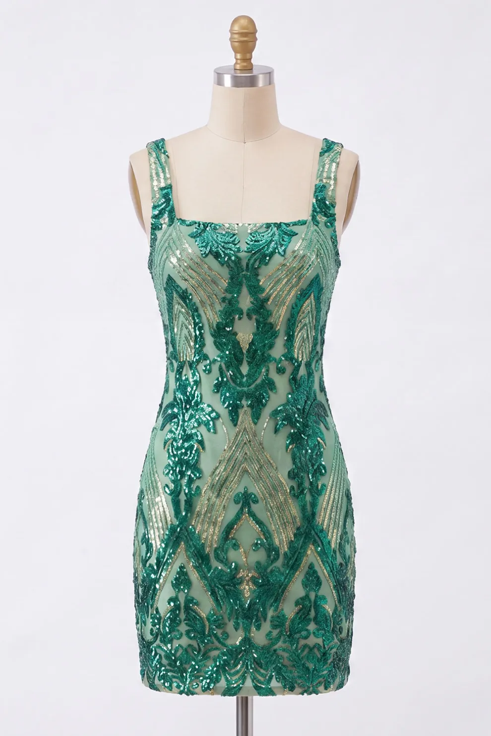Dark Green Sparkly Sequin Bodycon Square Neck Short Homecoming Dress
