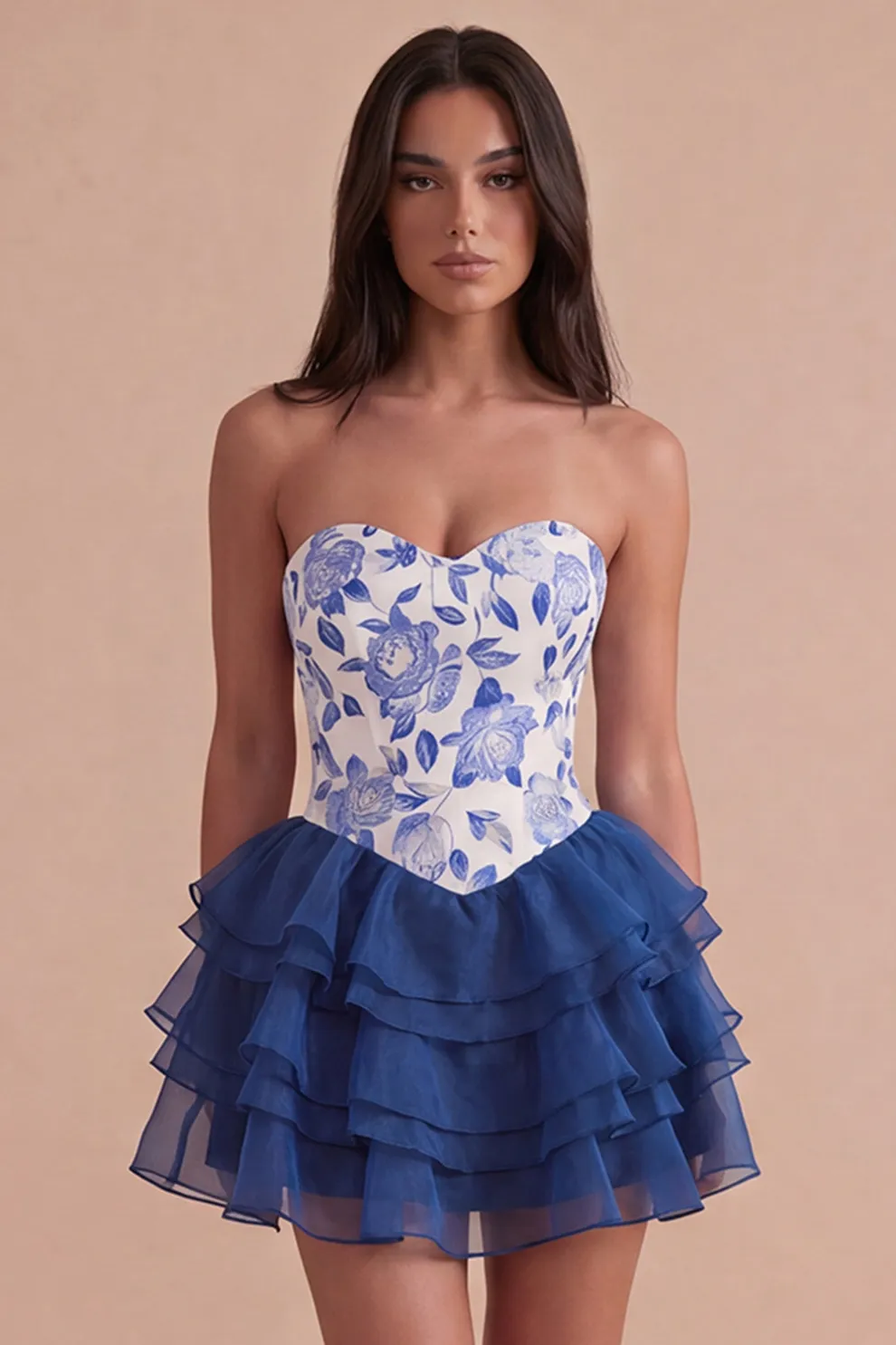 Blue Floral A Line Sweetheart Ruffled Short Homecoming Dress