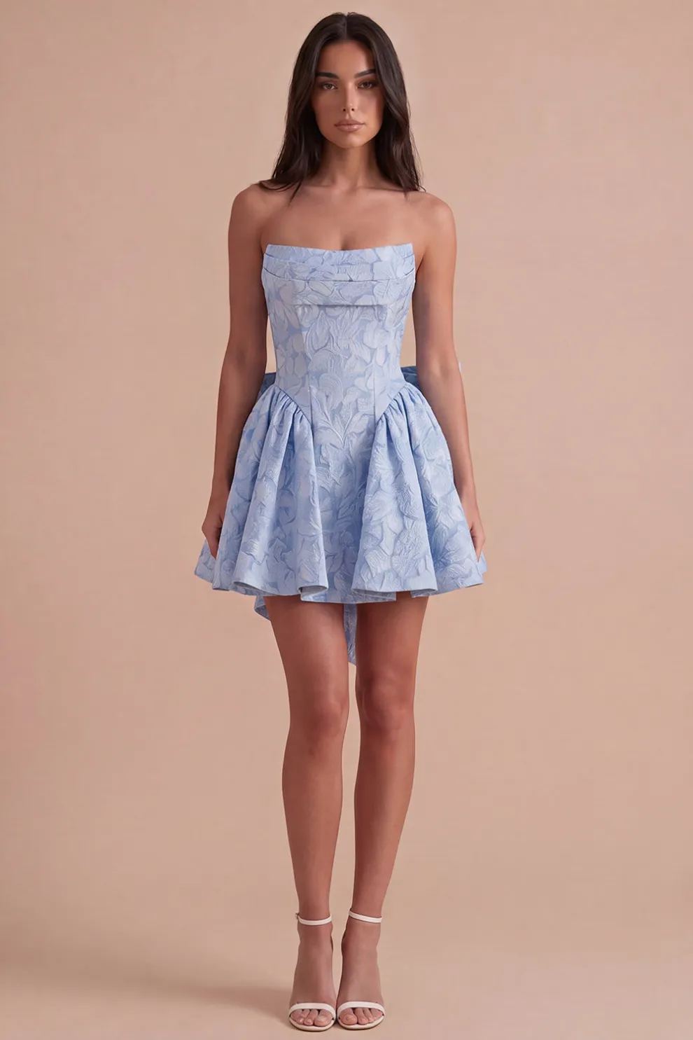Blue Floral Strapless A Line Short Homecoming Dress with Bow
