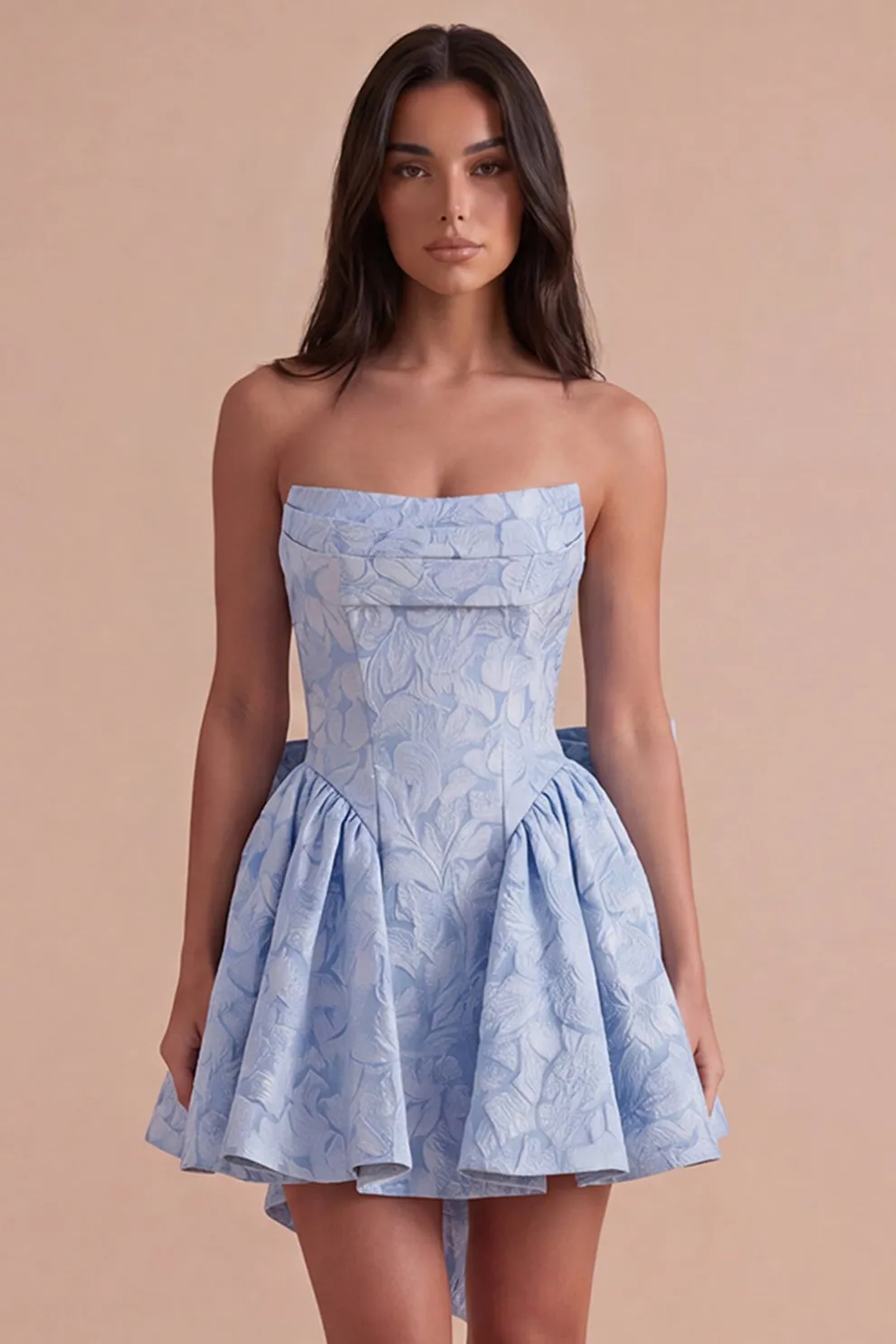 Blue Floral Strapless A Line Short Homecoming Dress with Bow