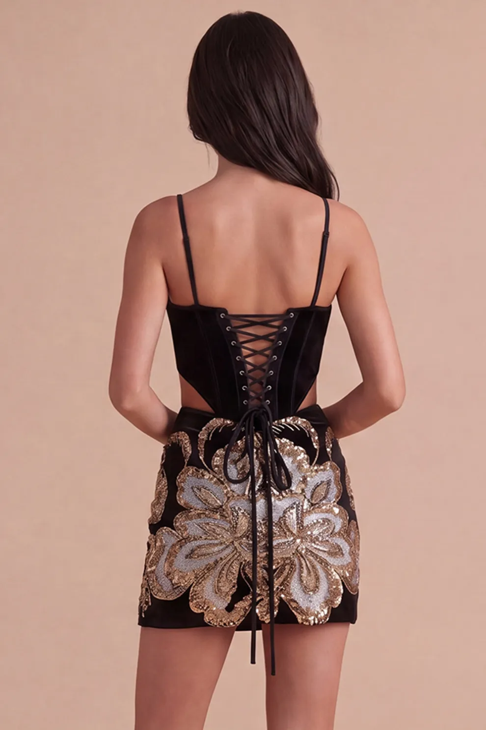 Sparkly Black Floral Sequin Spaghetti Straps Corset Bodycon Short Homecoming Dress