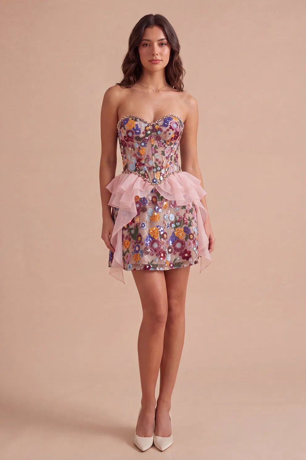 Pink Floral Sparkly Sequin Corset Ruffled Short Homecoming Dress
