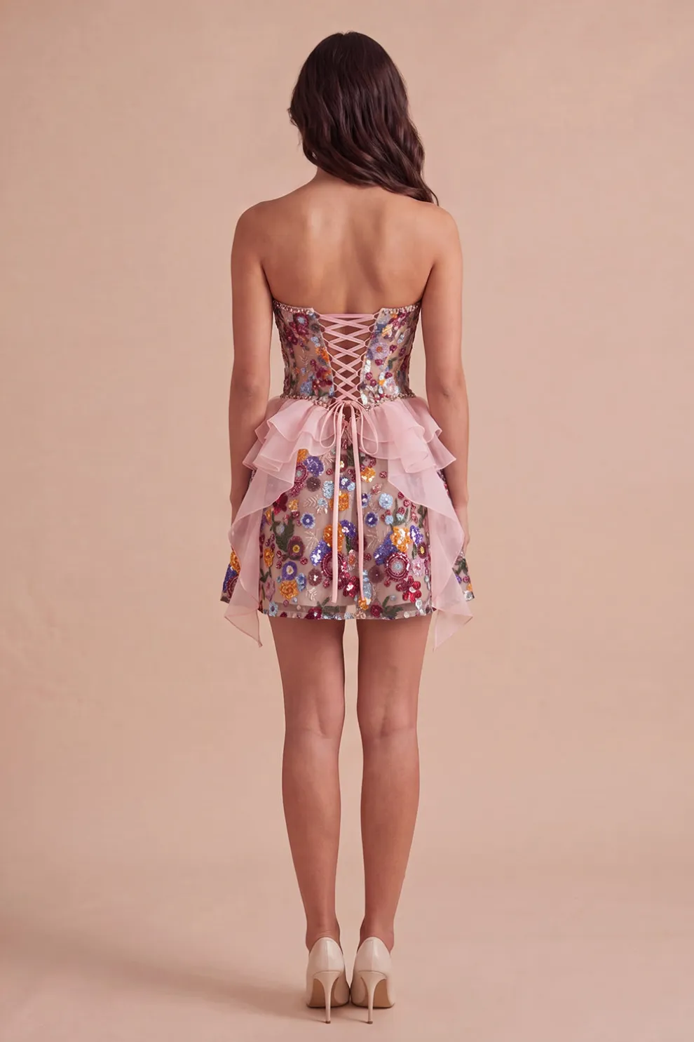 Pink Floral Sparkly Sequin Corset Ruffled Short Homecoming Dress