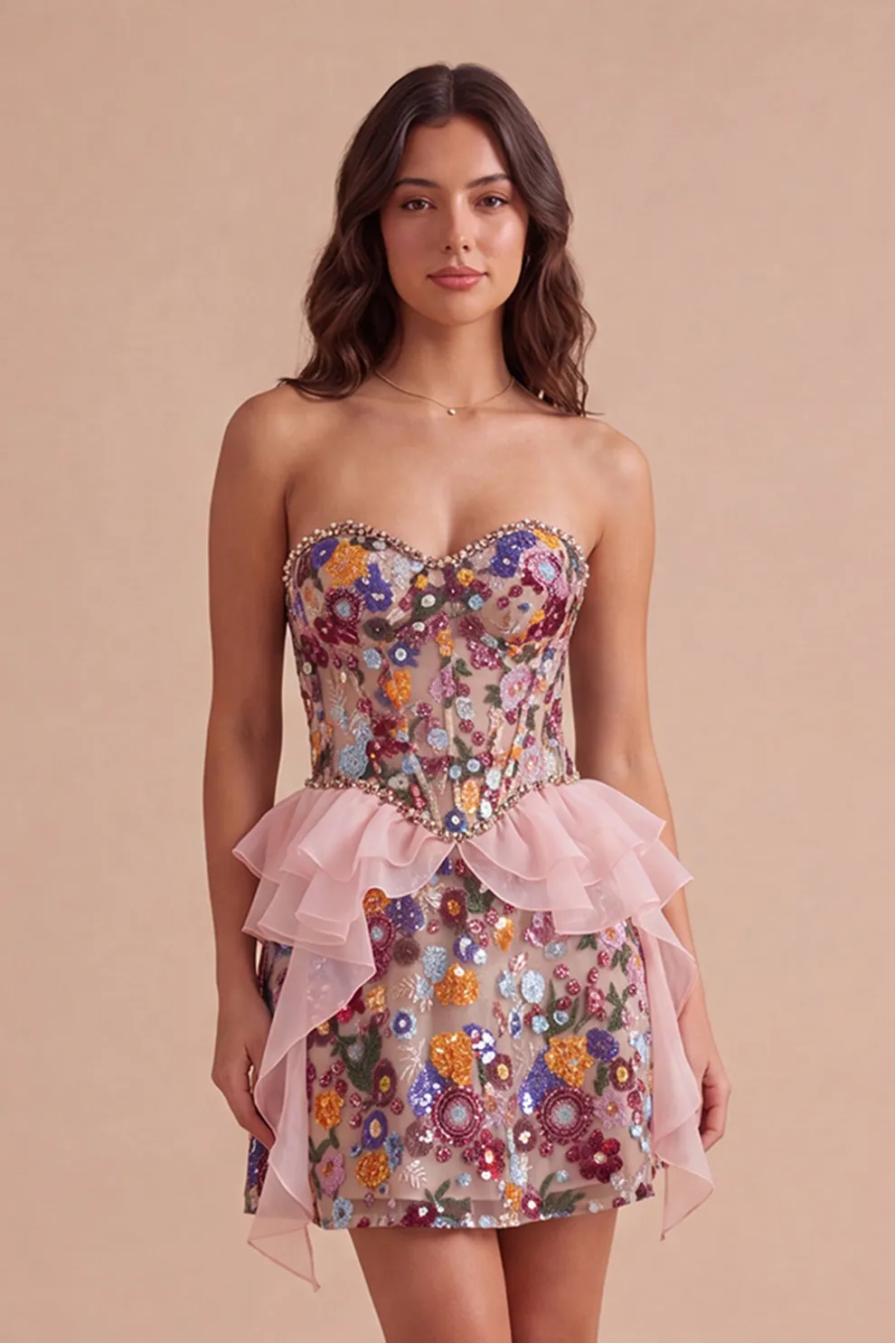 Pink Floral Sparkly Sequin Corset Ruffled Short Homecoming Dress