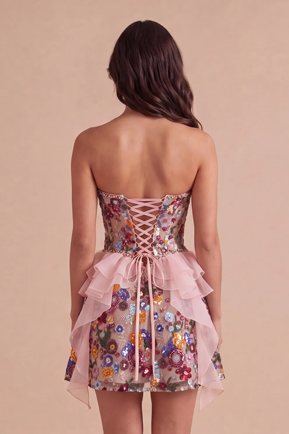 Pink Floral Sparkly Sequin Corset Ruffled Short Homecoming Dress