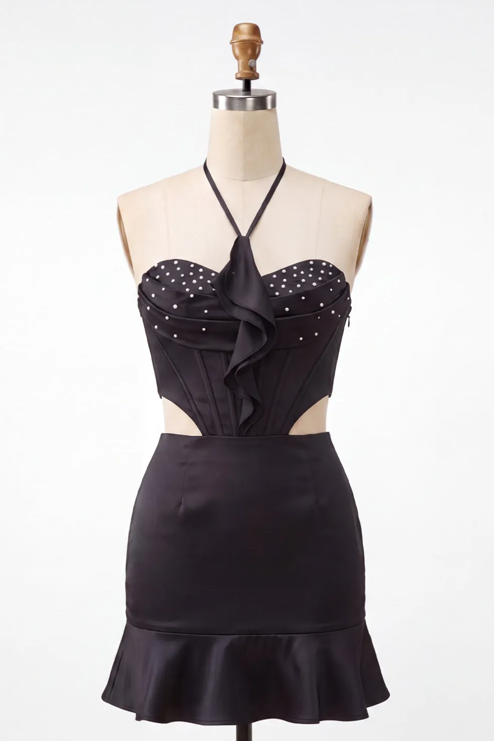 Black Corset Halter Beaded Ruffled Short Homecoming Dress
