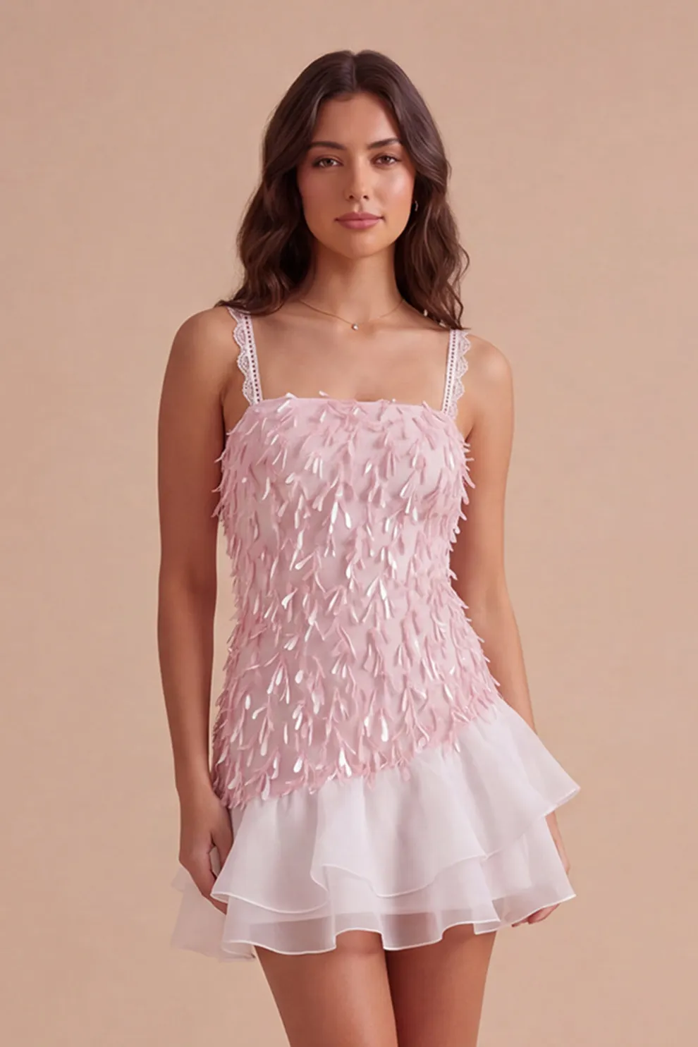 Sparkly Pink Sequin Square Neck Short Homecoming Dress