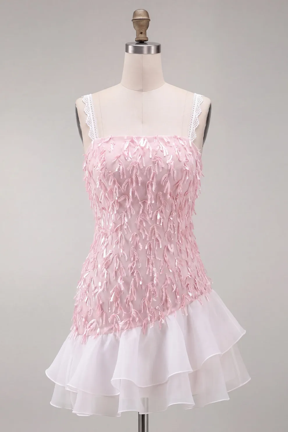 Sparkly Pink Sequin Square Neck Short Homecoming Dress