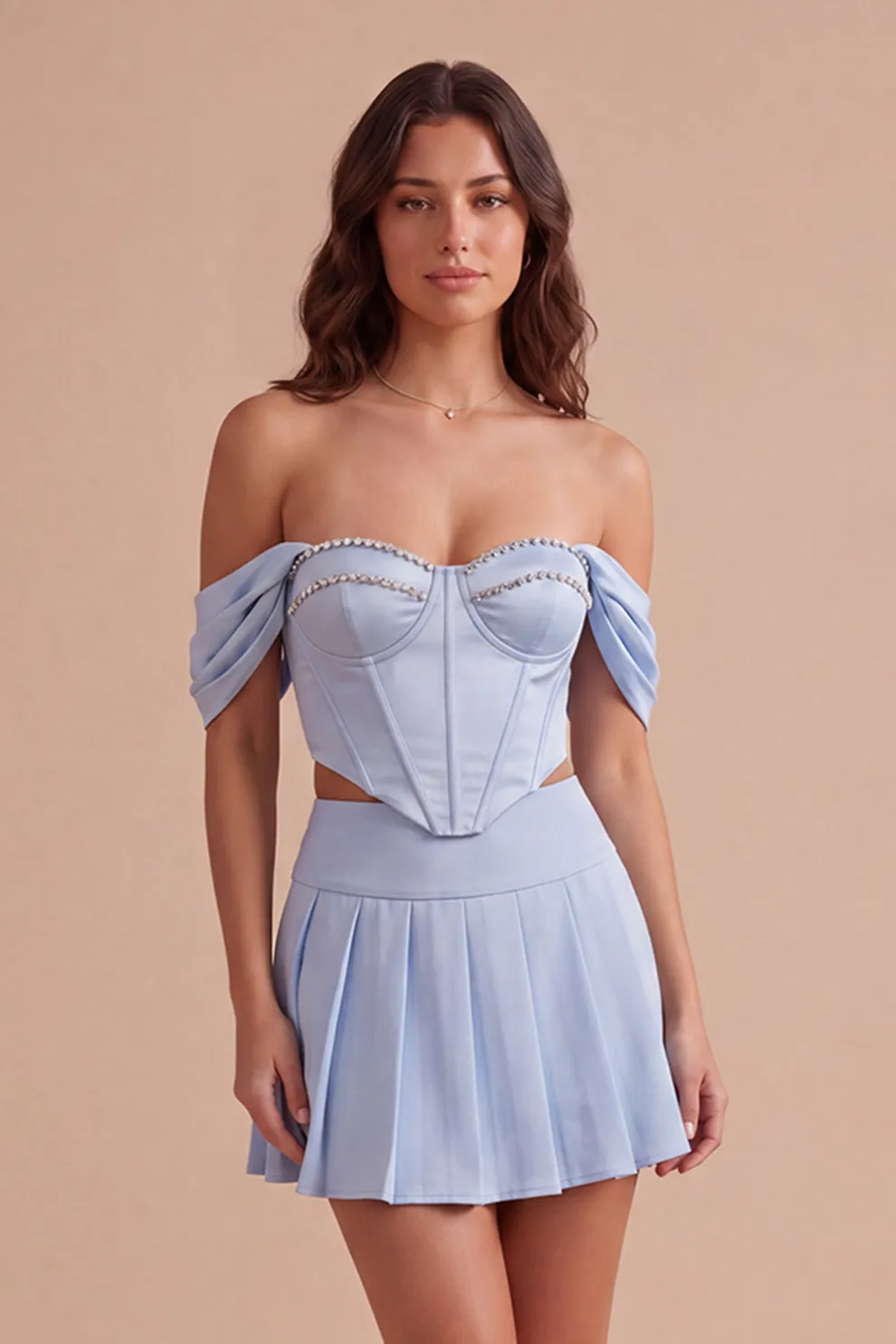 Sky Blue 2 Piece Corset Beaded A Line Short Homecoming Dress