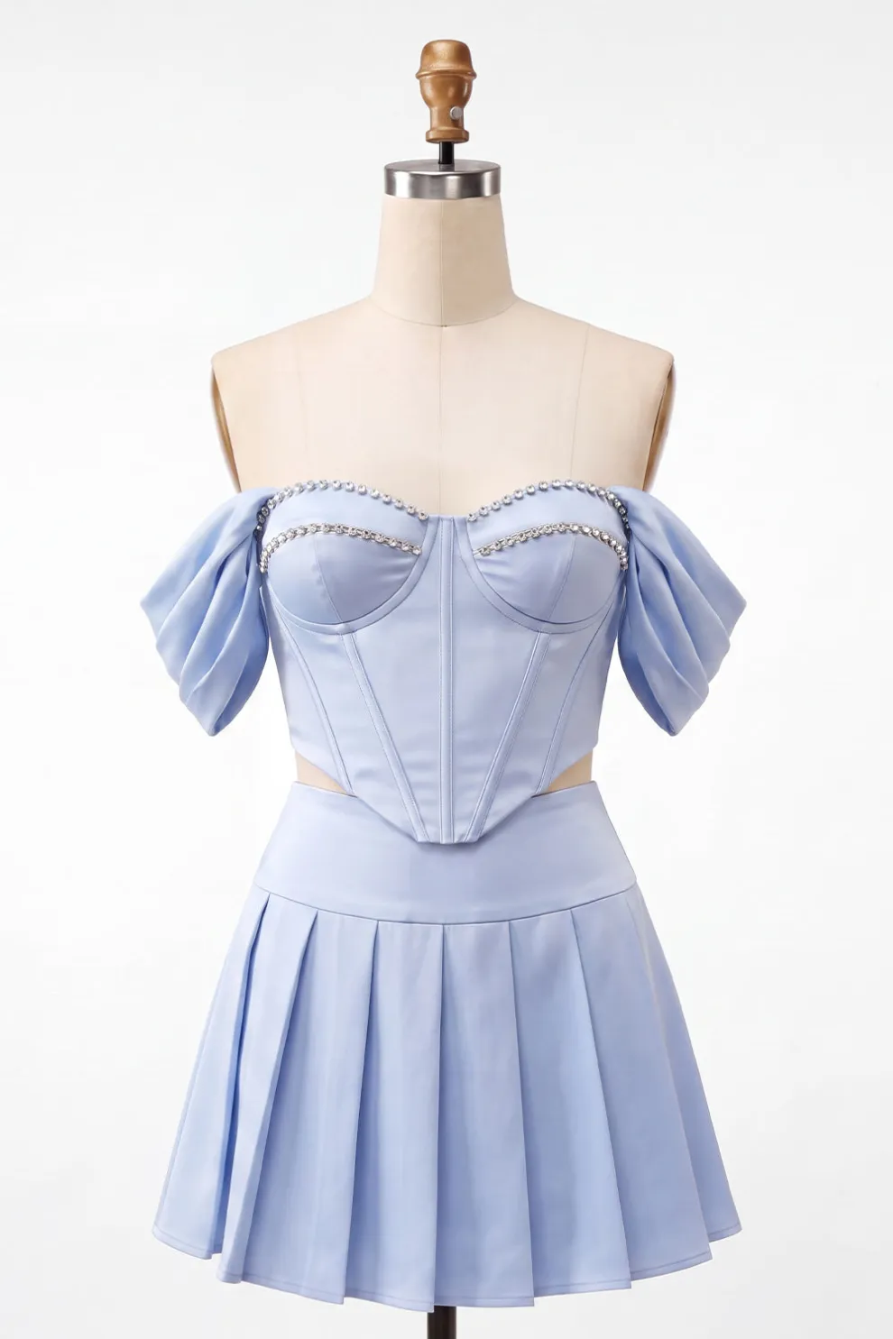 Sky Blue 2 Piece Corset Beaded A Line Short Homecoming Dress