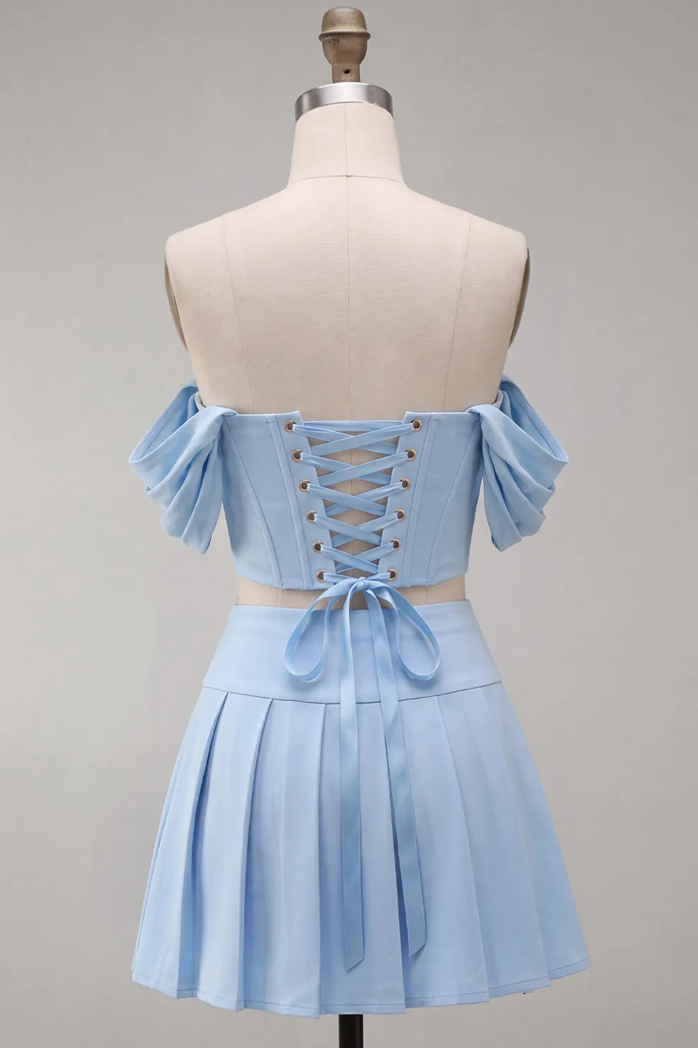 Sky Blue 2 Piece Corset Beaded A Line Short Homecoming Dress