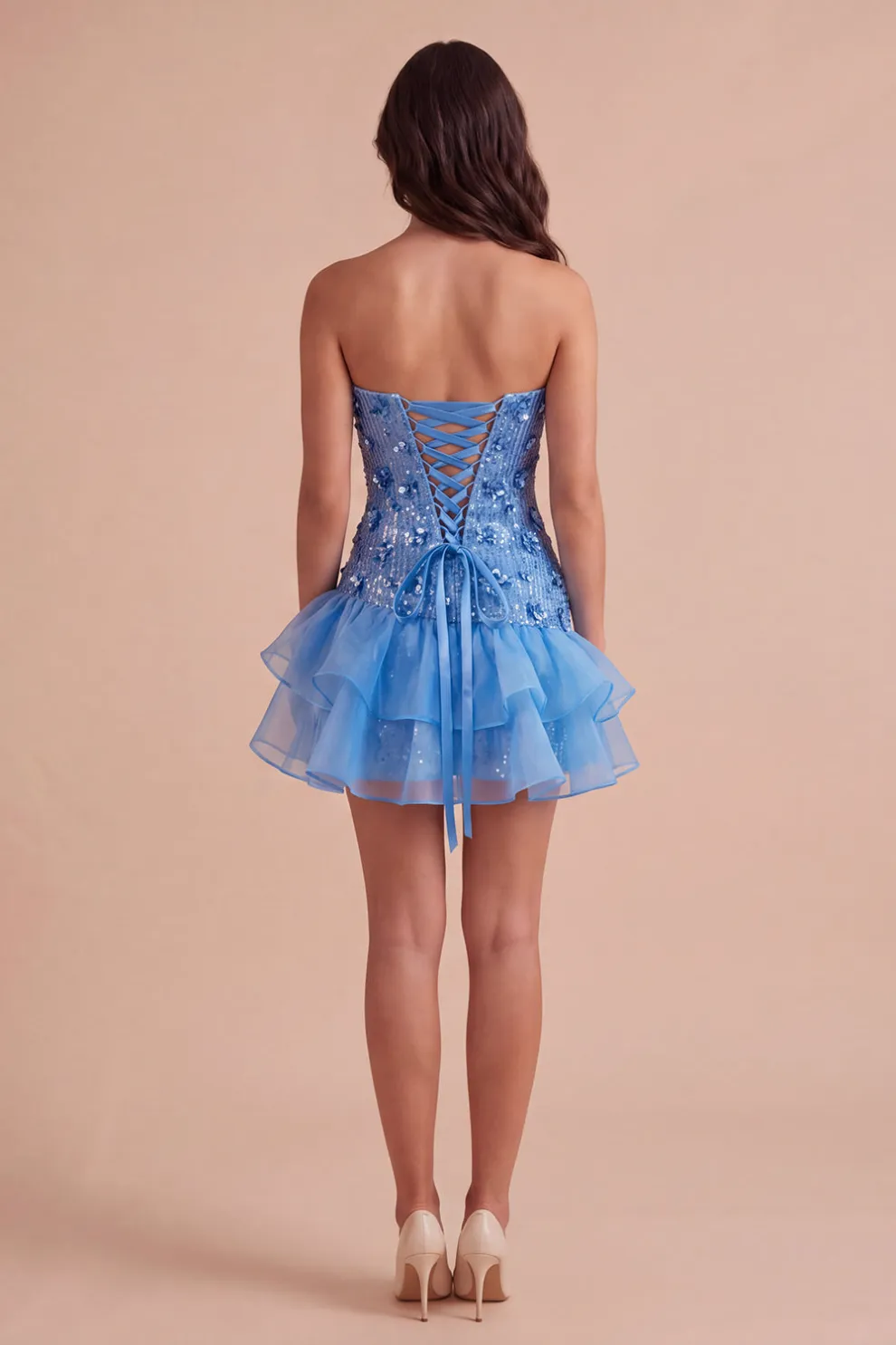 Sparkly Blue Floral Sequin Ruffled Short Homecoming Dress