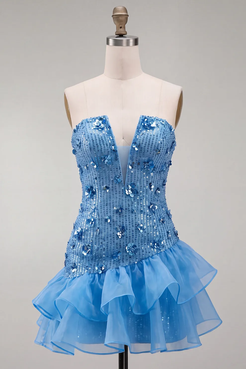 Sparkly Blue Floral Sequin Ruffled Short Homecoming Dress