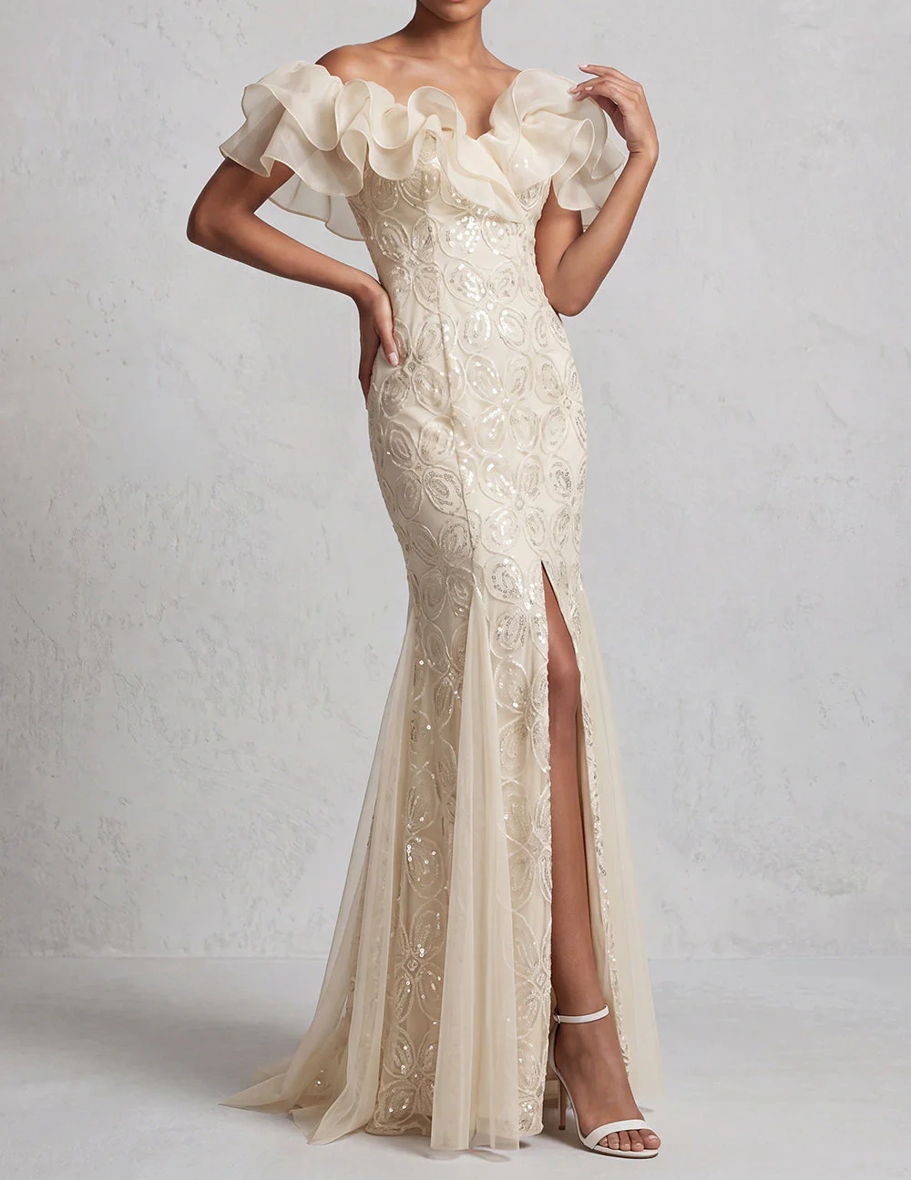 Sparkly Light Pink Mermaid Sequin Long Mother of the Bride Dress with Ruffles