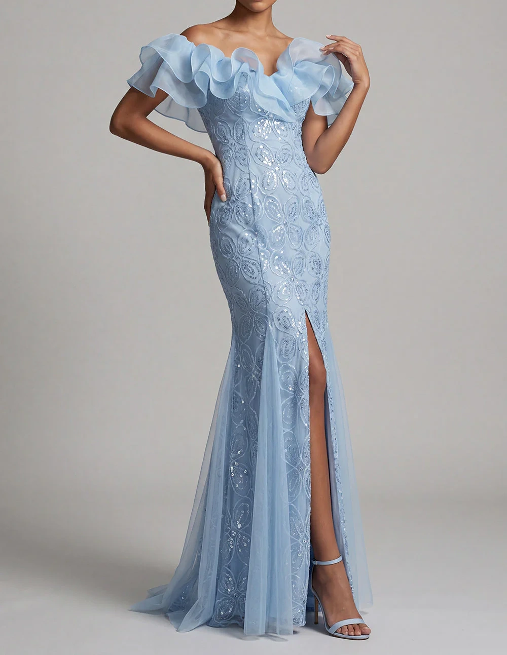 Sparkly Light Pink Mermaid Sequin Long Mother of the Bride Dress with Ruffles