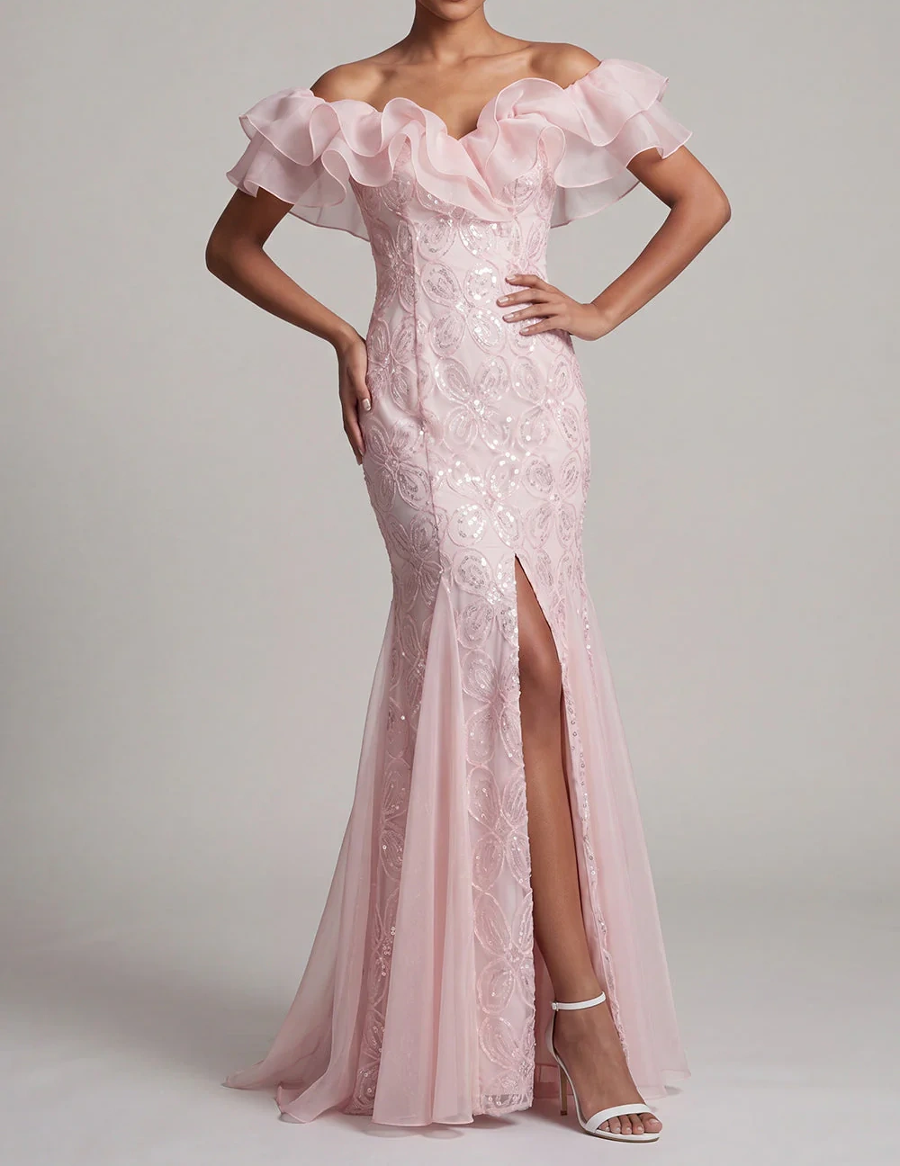 Sparkly Light Pink Mermaid Sequin Long Mother of the Bride Dress with Ruffles