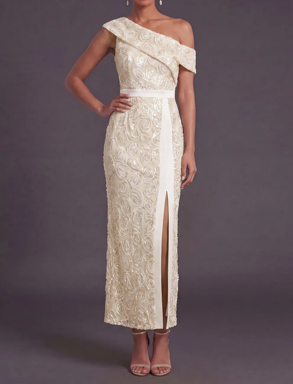 Apricot Sparkly Floral One Shoulder Mermaid Long Formal Dress with Slit
