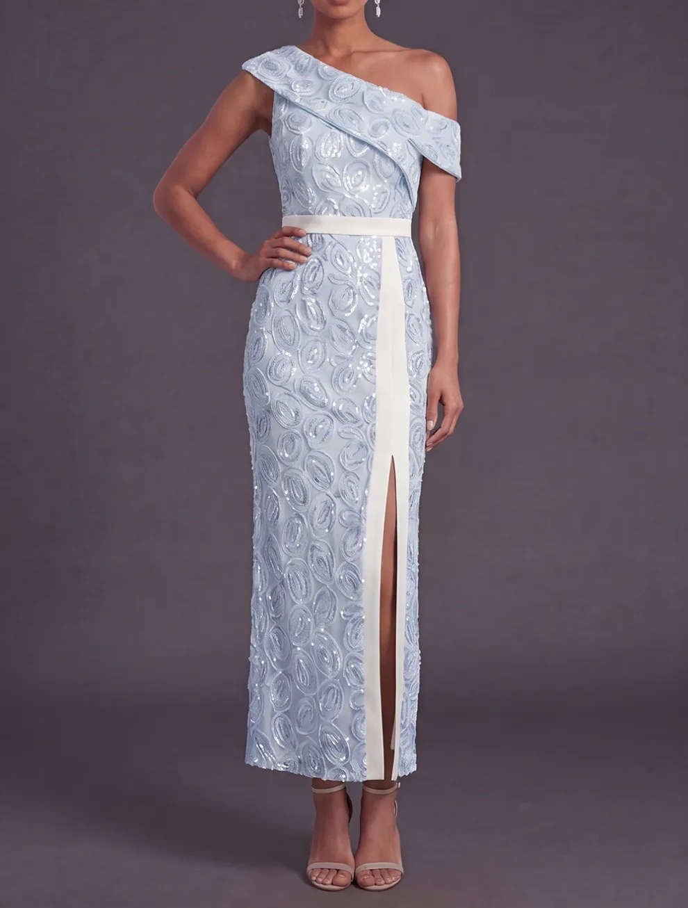Apricot Sparkly Floral One Shoulder Mermaid Long Formal Dress with Slit