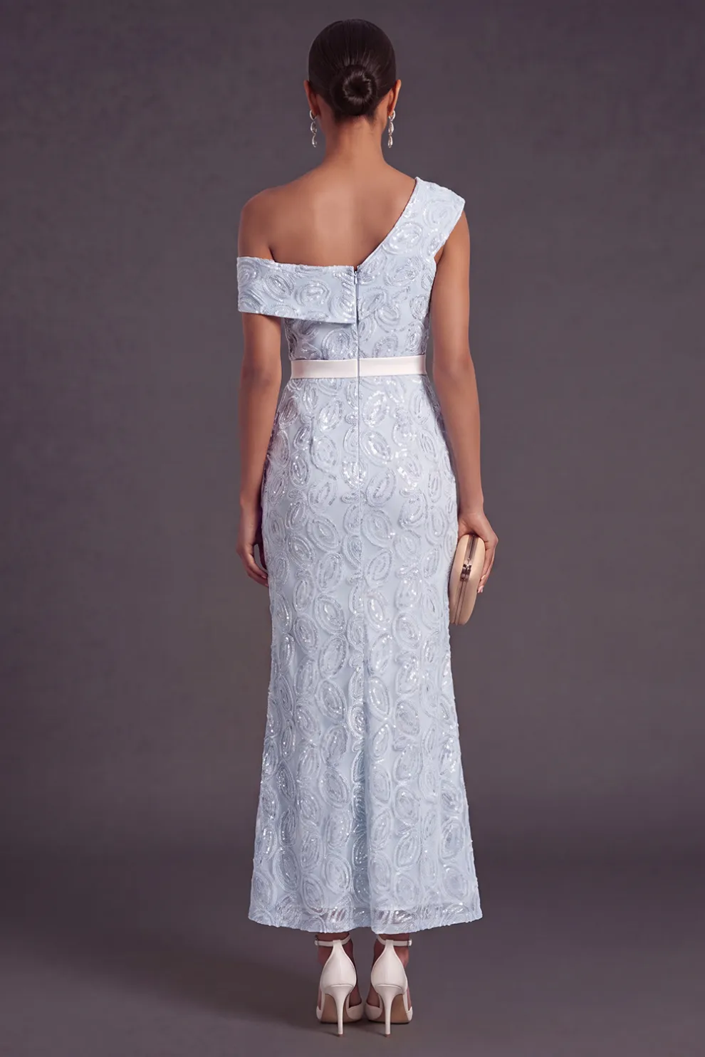 Apricot Sparkly Floral One Shoulder Mermaid Long Formal Dress with Slit