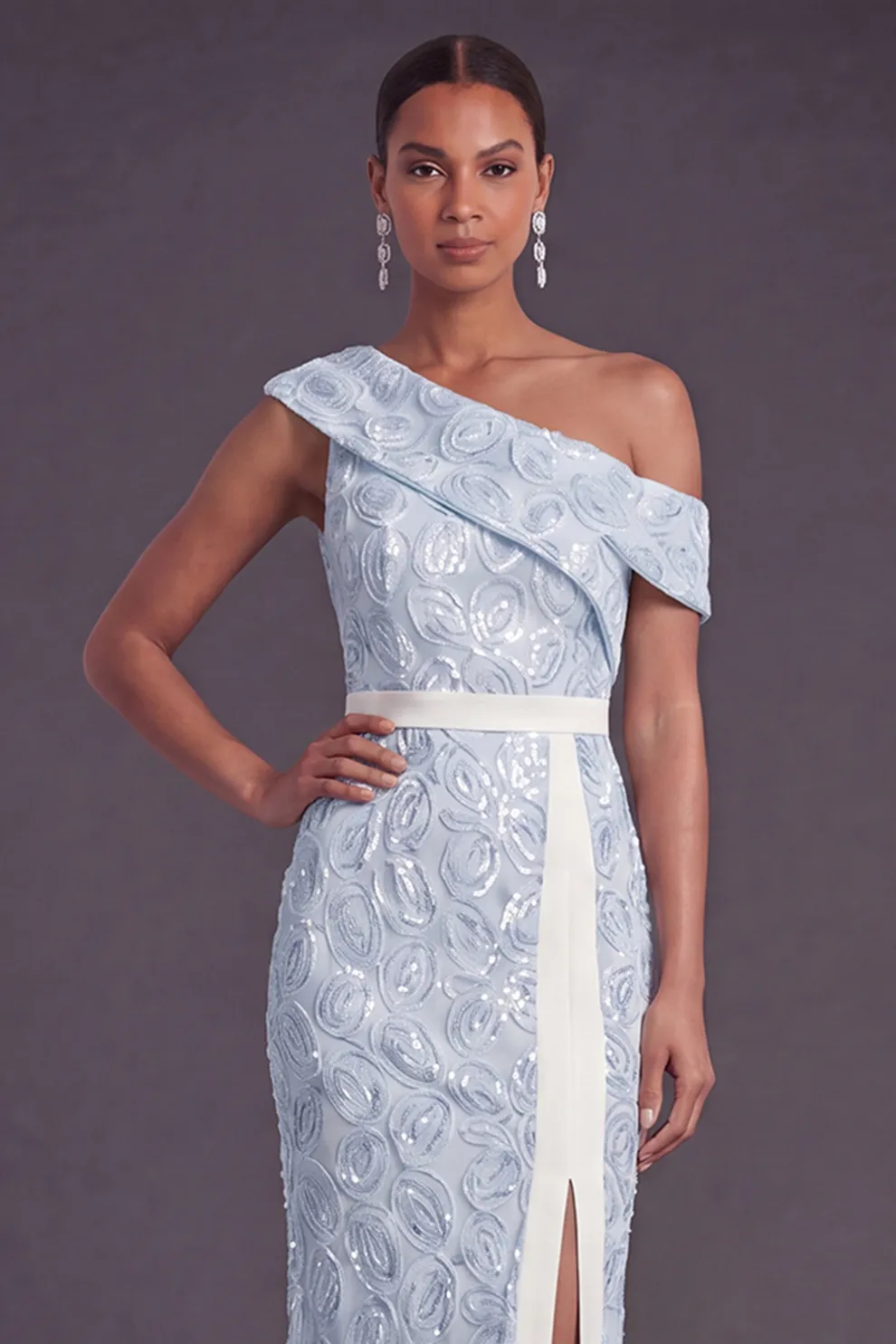 Apricot Sparkly Floral One Shoulder Mermaid Long Formal Dress with Slit