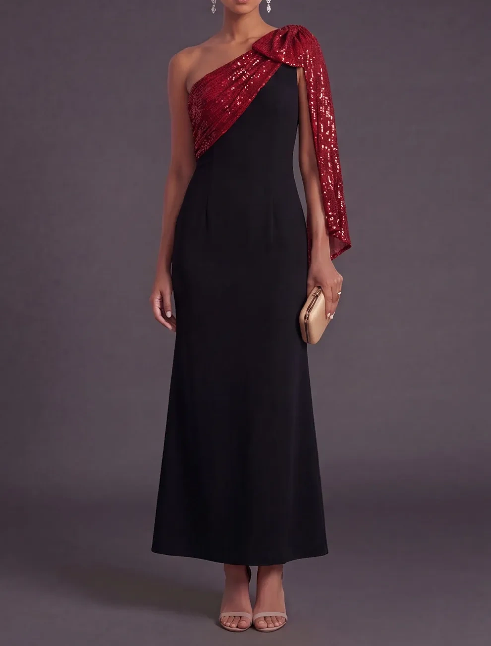 Black and Red Sparkly Sequined Mermaid One Shoulder Long Formal Dress