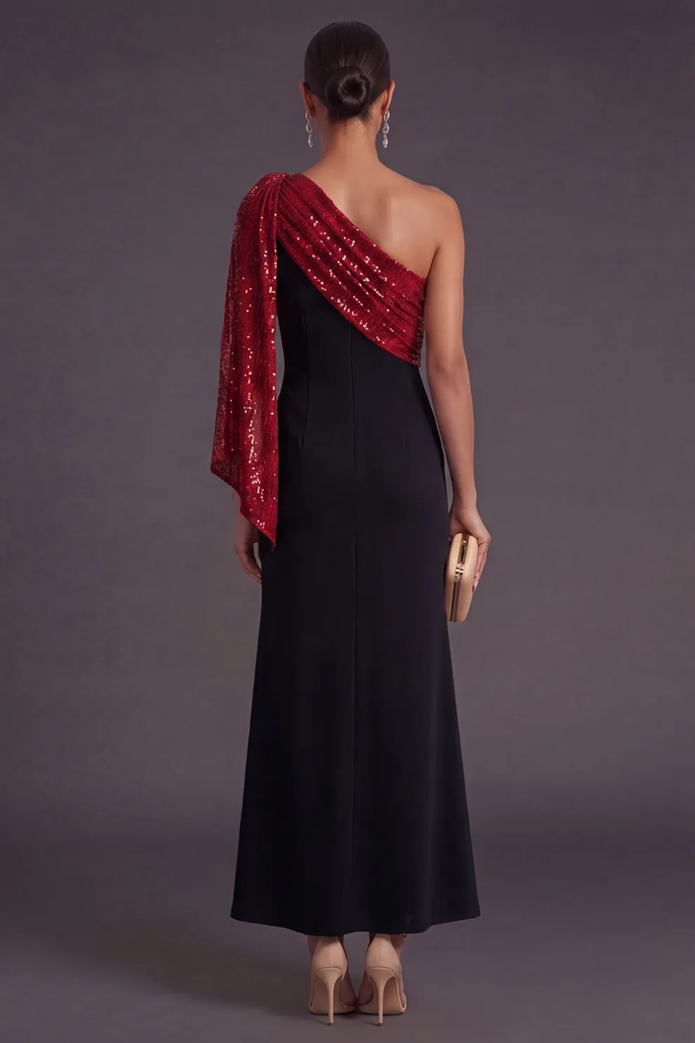 Black and Red Sparkly Sequined Mermaid One Shoulder Long Formal Dress
