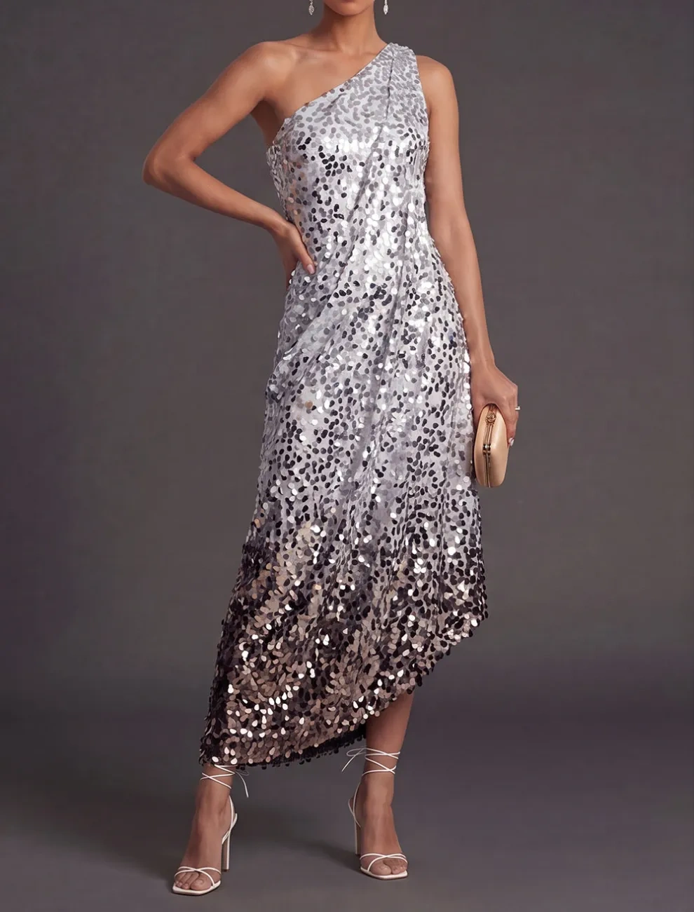 Silver Sparkly Sequined A Line One Shoulder Asymmetrical Formal Dress