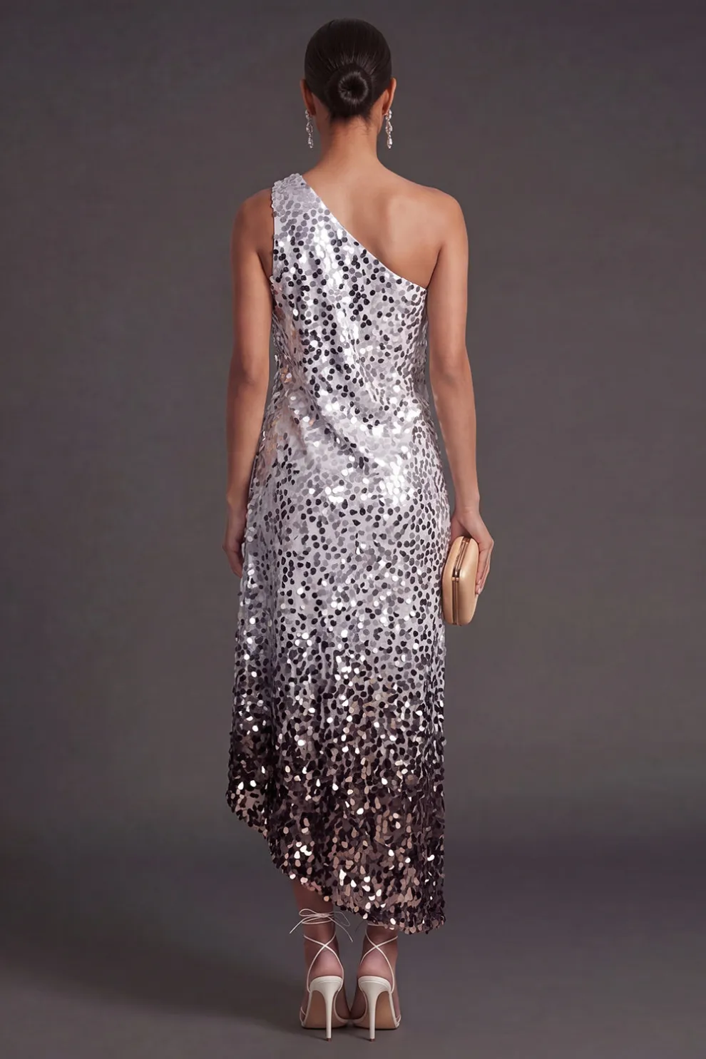 Silver Sparkly Sequined A Line One Shoulder Asymmetrical Formal Dress
