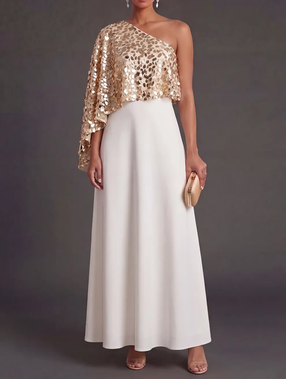 Champagne Sparkly A Line Sequined One Shoulder Long Formal Dress