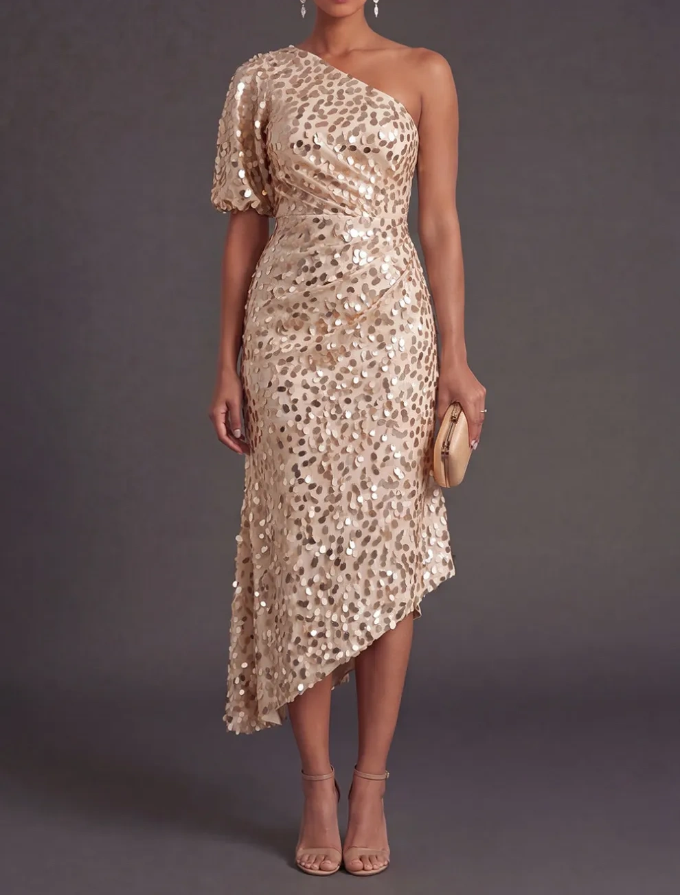 Champagne Sparkly Sheath One Shoulder Sequined Long Formal Dress