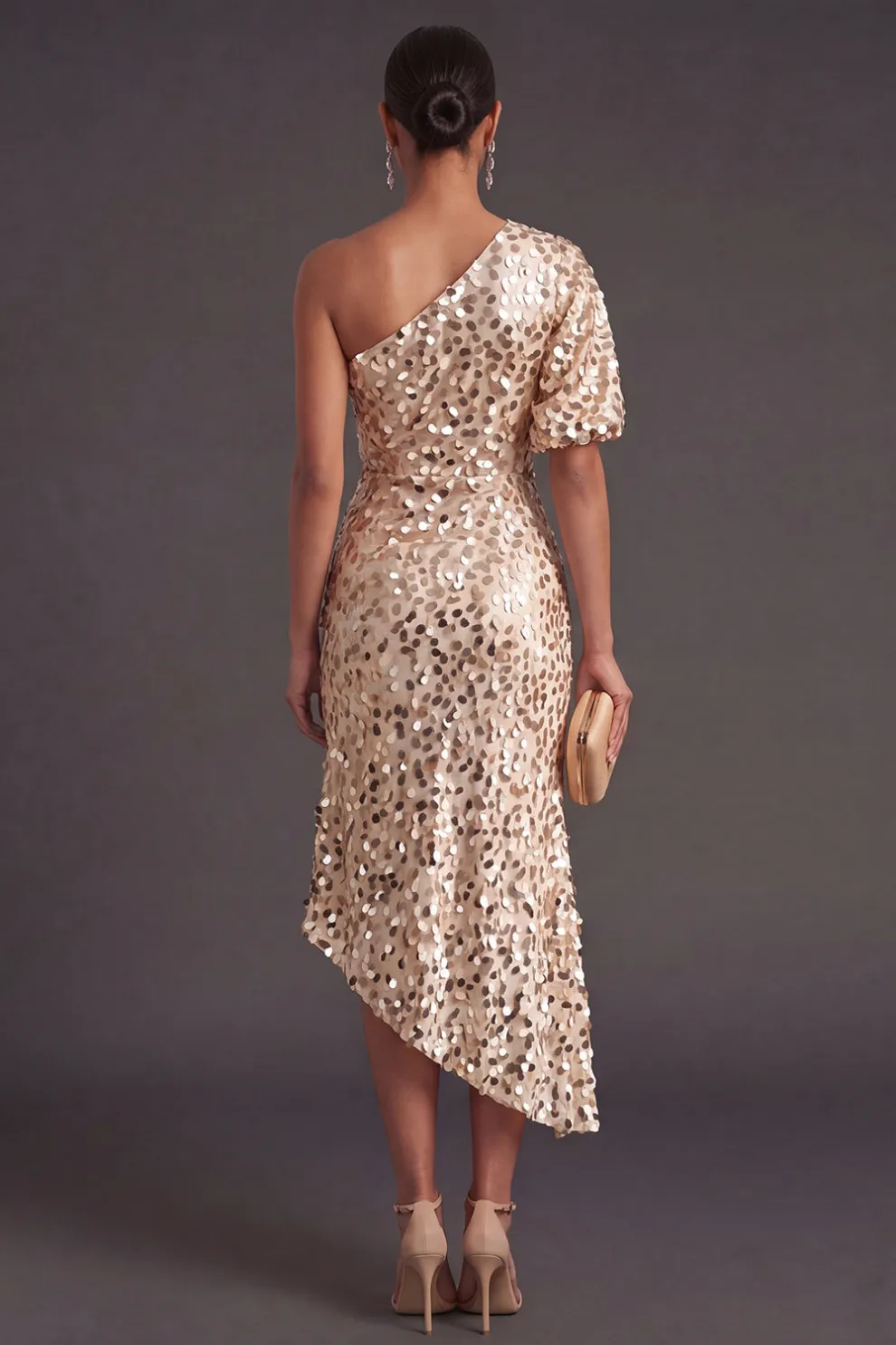 Champagne Sparkly Sheath One Shoulder Sequined Long Formal Dress