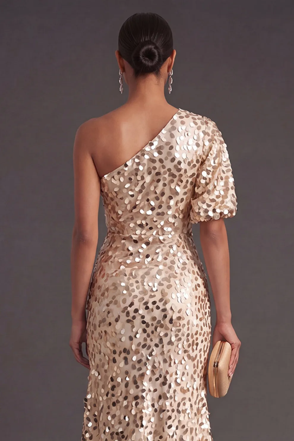 Champagne Sparkly Sheath One Shoulder Sequined Long Formal Dress