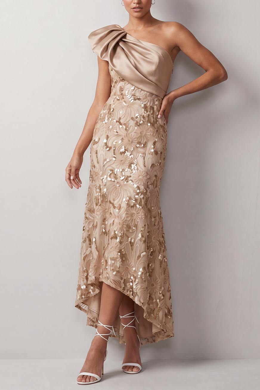 Floral Sparkly Champagne Sequin One Shoulder High-Low Mother of the Bride Dress