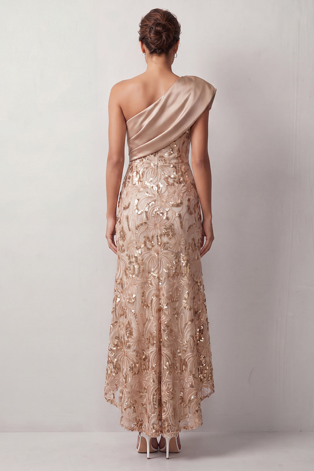 Floral Sparkly Champagne Sequin One Shoulder High-Low Mother of the Bride Dress