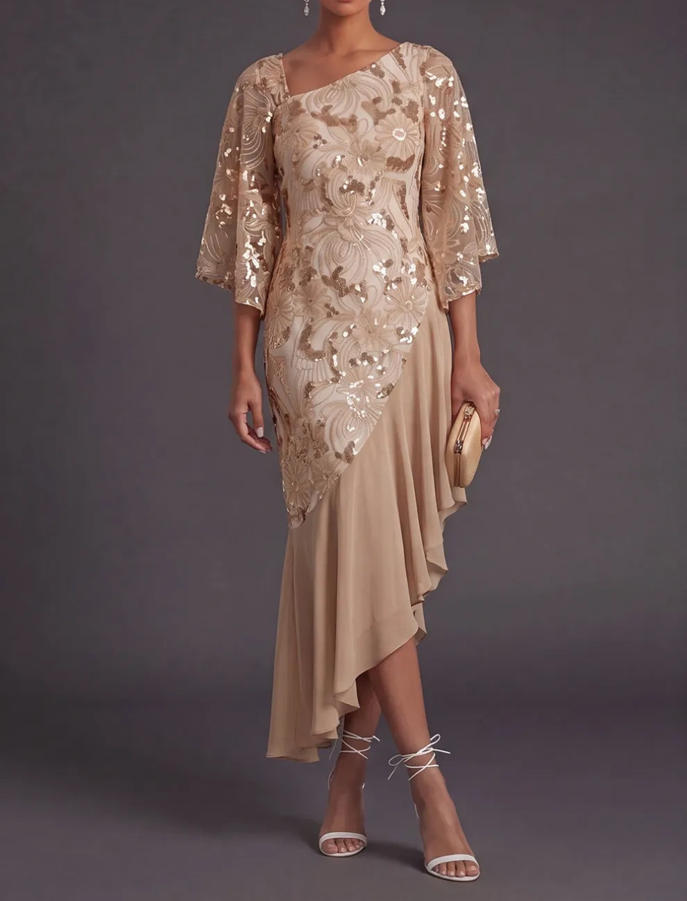 Champagne Sparkly Mermaid Sequined Asymmetrical Neck Long Formal Dress