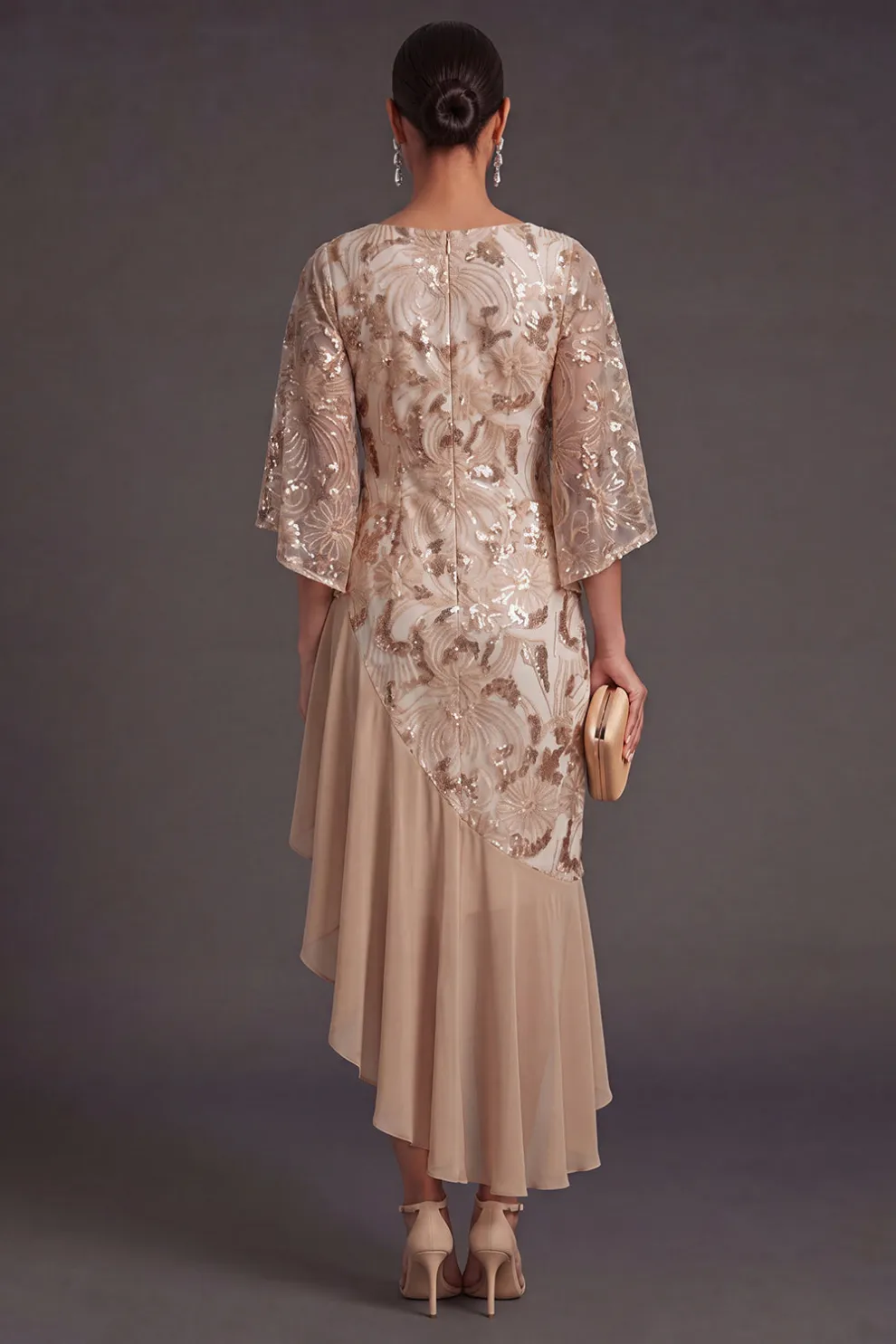 Champagne Sparkly Mermaid Sequined Asymmetrical Neck Long Formal Dress