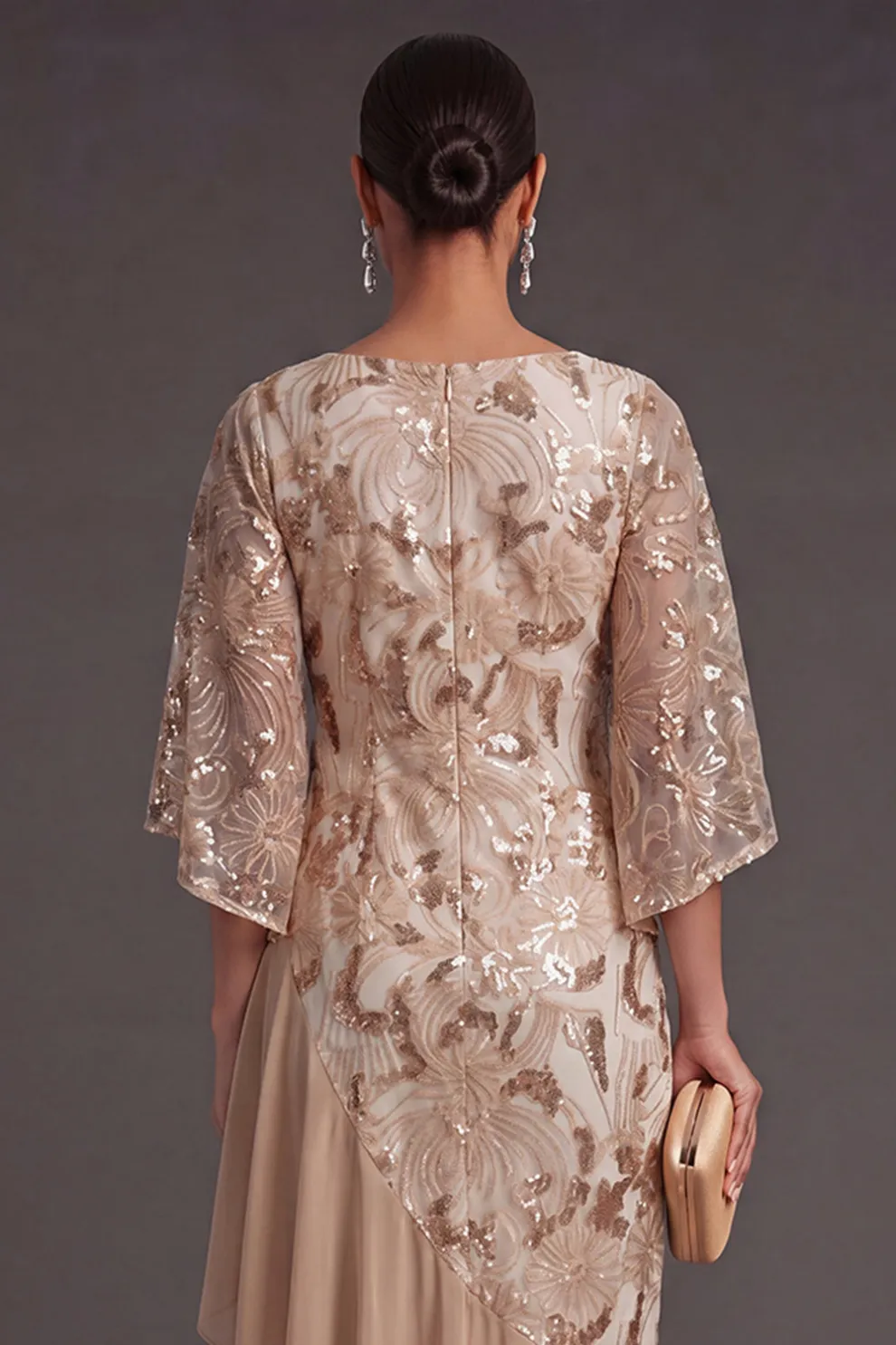 Champagne Sparkly Mermaid Sequined Asymmetrical Neck Long Formal Dress