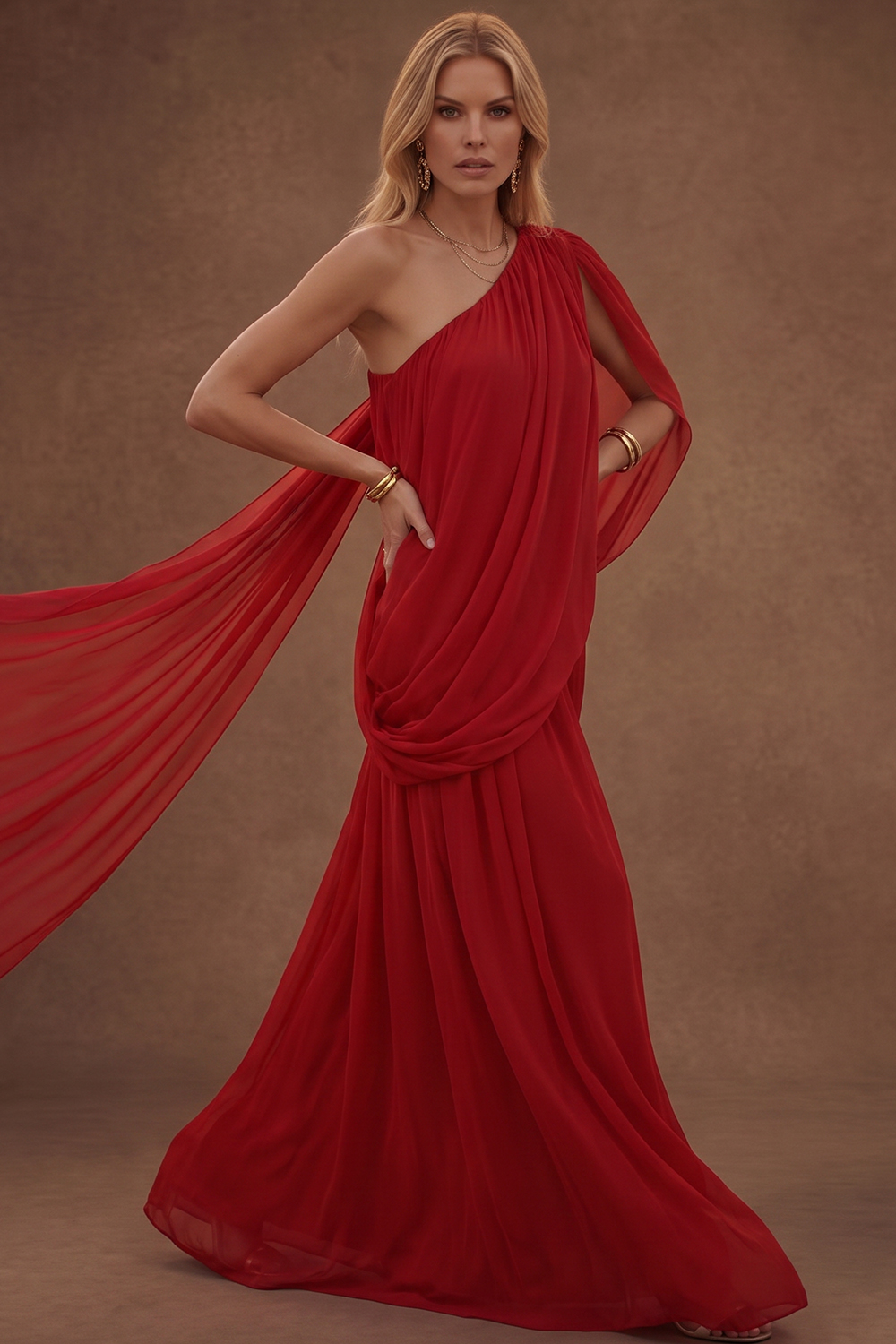 Cruise Formal Night Chiffon Dress Red One‑Shoulder Draped Flowing Cape Maxi Gown