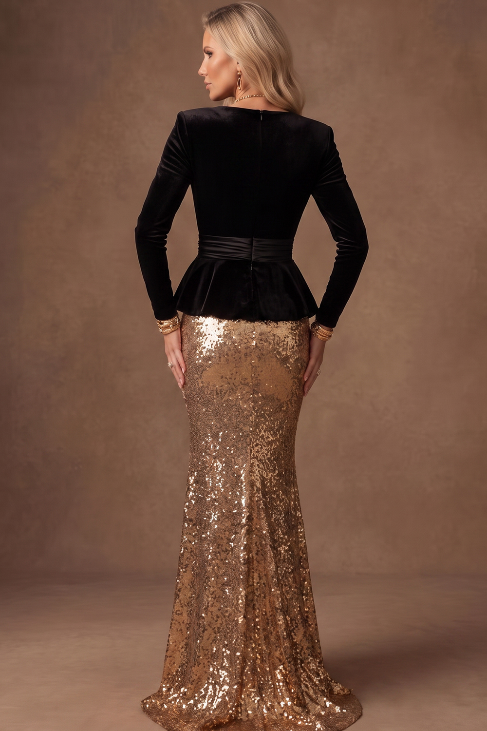 Black‑Gold Velvet Sequin Peplum Mermaid Floor‑Length Formal Dress