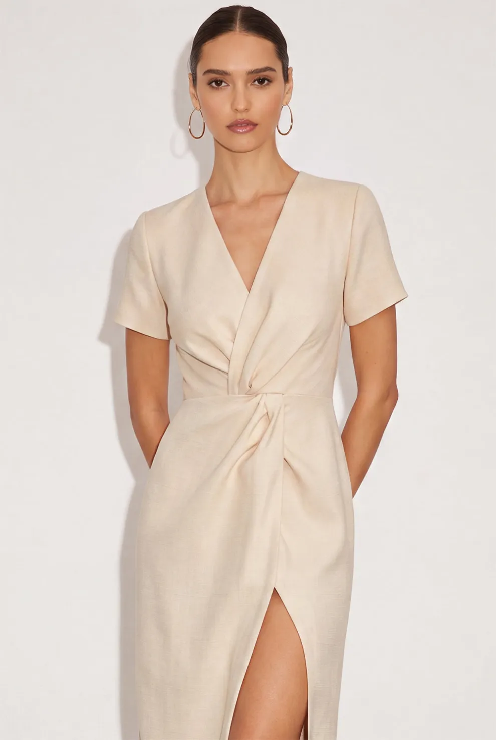 Ivory Pencil V-Neck Midi Work Dress with Slit