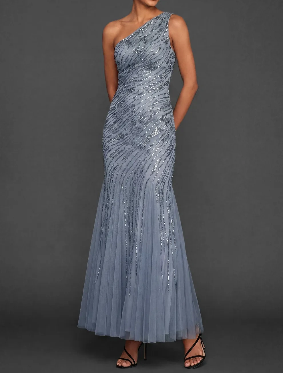 Sparkly Sequined Dusty Blue Mermaid One Shoulder Long Formal Dress